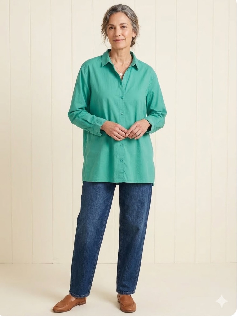 Eileen Fisher green organic cotton button down relaxed fit button down shirt L